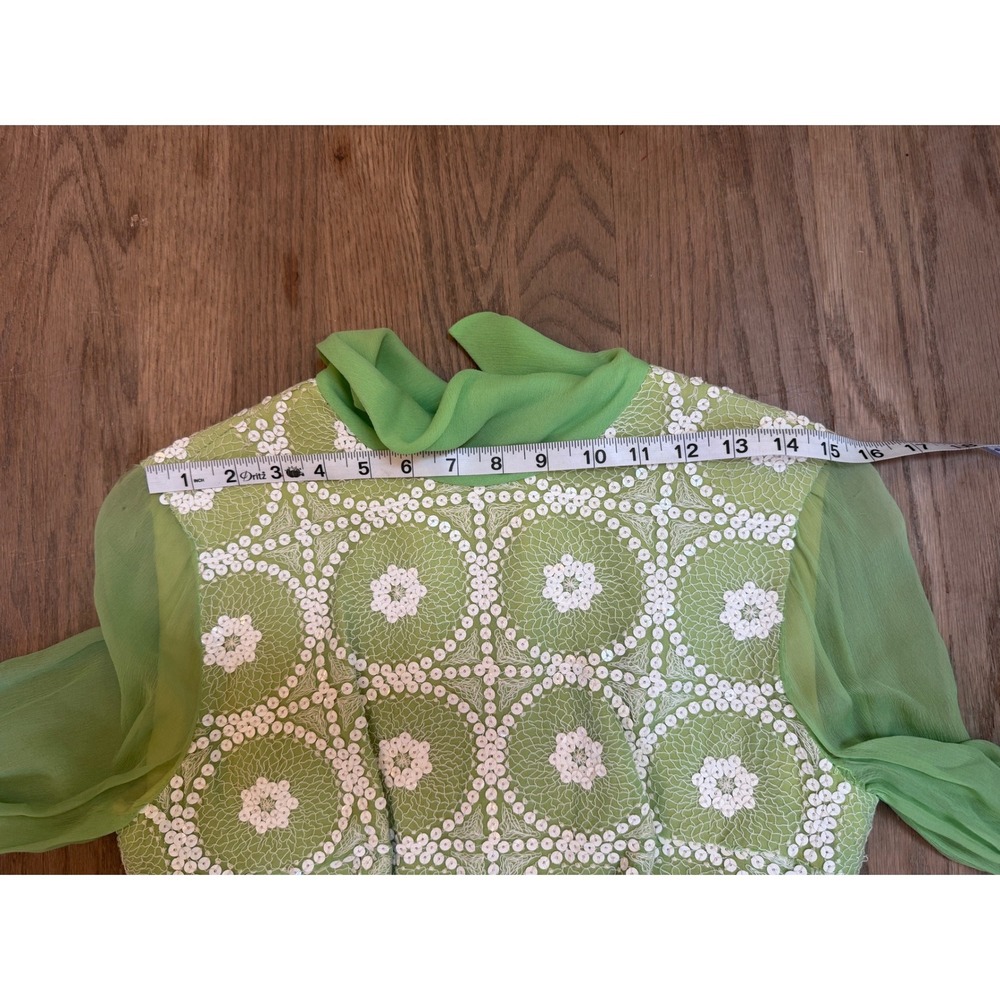 Vintage 1970s Lime Green Chiffon Dress Crochet Sequin Bodice Sheer Sleeve 70s - Picture 8 of 12